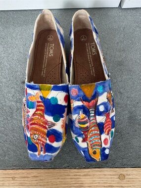 Toms Hand painted and signed by Paton Miller Fish Print Canvas Slip-Ons